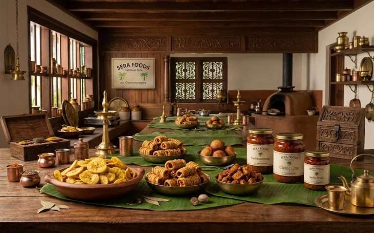 A warm, old-world kitchen displays bowls of fried snacks and fruit, jars of spices, and brass cookware across a rustic wooden table.
